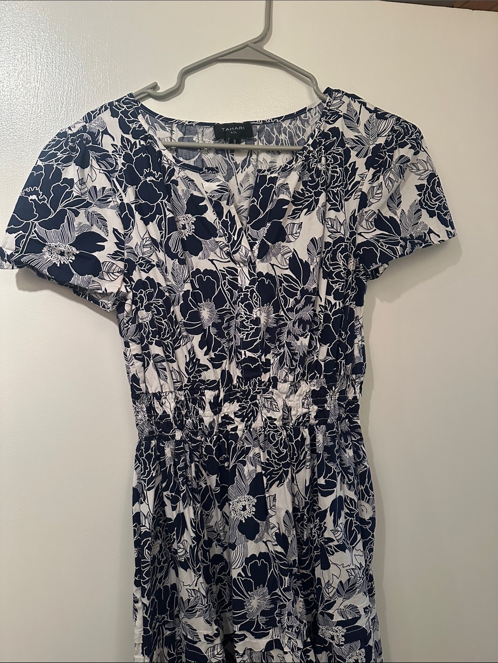 Tahari Navy & White Floral Maxi Dress with V-Neck